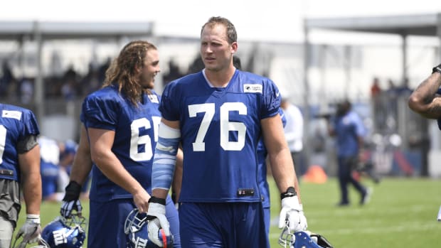 Aug 7, 2018; East Rutherford, NJ, USA; New York Giants tackle Nate Solder (76) during training camp.